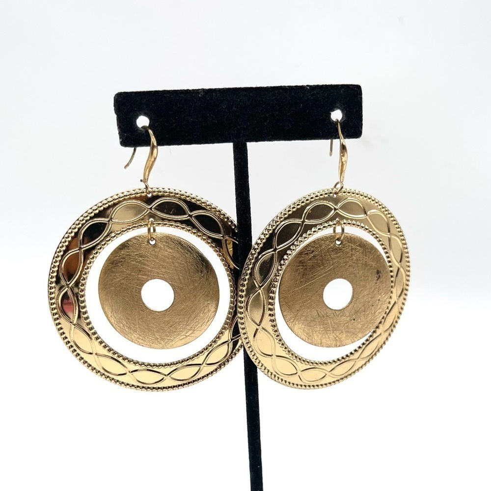 Double Disc Hoop Dangle Earrings in Gold Tone